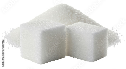 Isolated White Sugar Cubes and Granulated Sugar