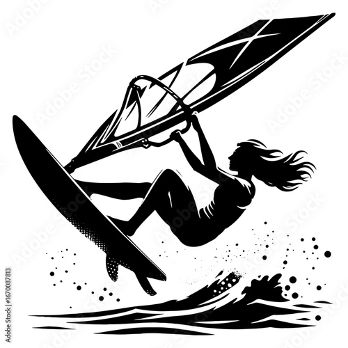 Female Windsurfer High Jump Over Wave