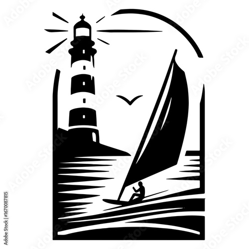 Windsurfer Passing Lighthouse At Sea