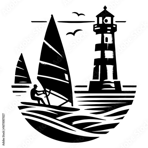 Windsurfers Sailing By Lighthouse In Coastal Bay