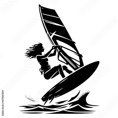 Female Windsurfer Launching Off Wave In Strong Wind