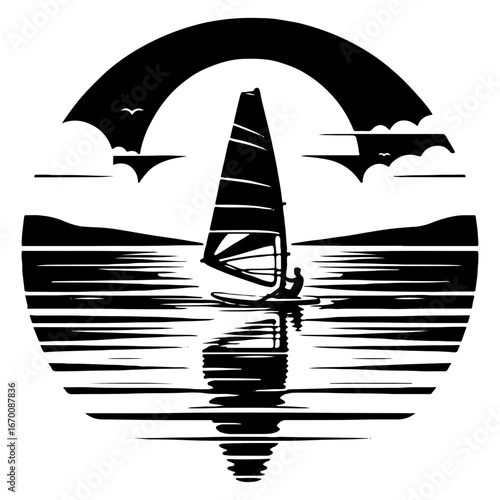 Windsurfer Under Cloud Arch With Long Reflection Black and White Illustration