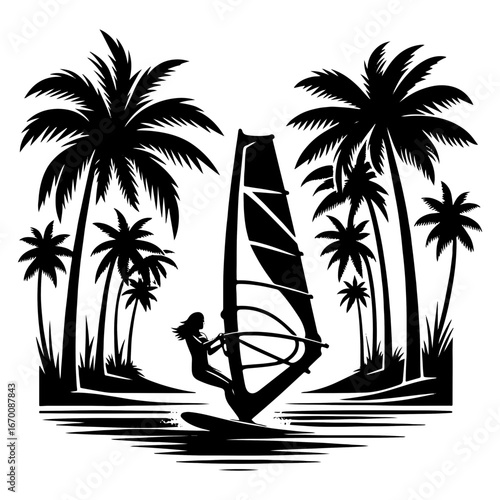 Windsurfer Gliding Through Tropical Lagoon Framed By Palm Trees