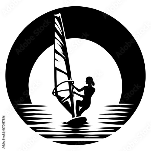 Windsurfer Silhouette At Sunset In Circular Emblem