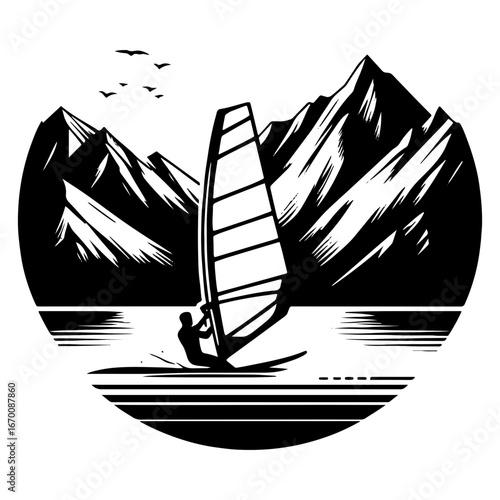 Windsurfer Silhouette On Alpine Lake With Mountains