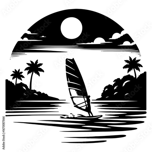Windsurfer Crossing Tropical Channel Under Bold Sun
