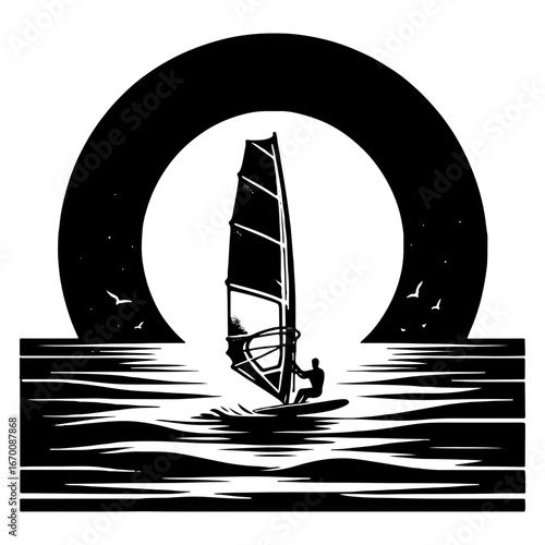 Windsurfer Silhouette On Scenic River With Birds