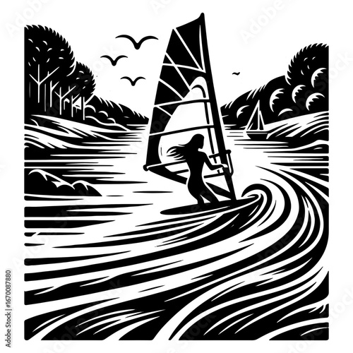 Windsurfer Silhouette On Scenic River With Birds
