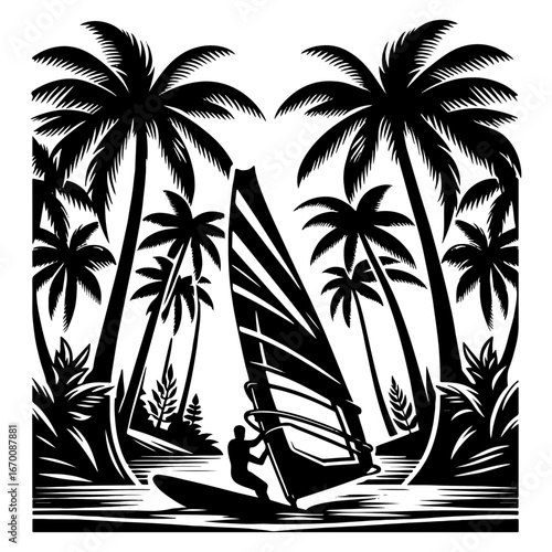 Windsurfer Exploring Lush Tropical Cove With Towering Palms