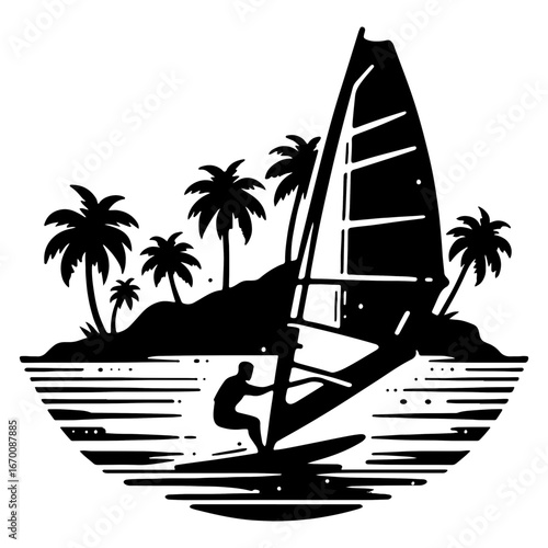 Windsurfer Passing Tropical Islet With Palms And Reflections