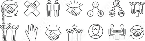 Teamwork and unity icons, collaboration symbols, partnership handshake, group celebration, meeting graphic, support concept, community design, cooperation theme, people connection, flat vector