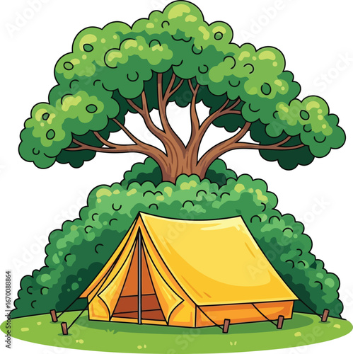 Cozy yellow bell tent nestled under lush green tree in summer meadow vector