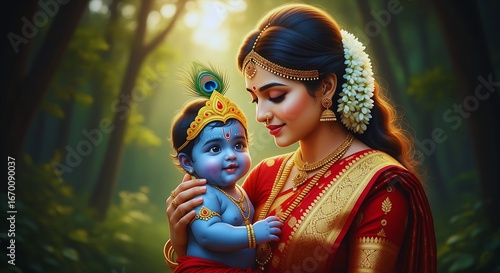 Devotional Portrait Mother's Love for Baby Krishna in a Lush Forest Setting
