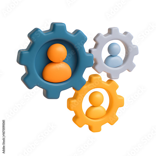 Fototapeta Naklejka Na Ścianę i Meble -  3D illustration of gears containing user icons representing collaboration, productivity, or workflow. PNG transparency included.
