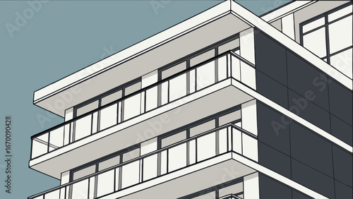 Modern apartment building exterior balconies windows urban architecture contemporary design illustration vector graphic real estate property home building facade city skyscraper dwelling residential .