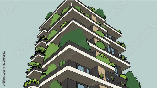 Modern Green Building Sustainable Architecture Eco-Friendly Apartment Complex Urban Greenery Vertical Garden Rooftop Plants Contemporary Design Balcony Gardens Cityscape Illustration Architectural Dr.