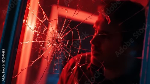 Intense Portrait of a Man Behind Broken Glass with Dramatic Red Lighting creating Mysterious Atmosphere