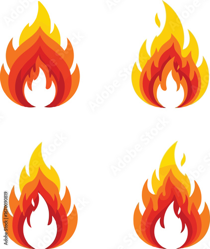 Fiery flames icon set dynamic energy blaze heat emblem graphics vector
