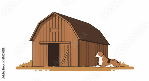 Dog lying beside wooden barn in rural setting  