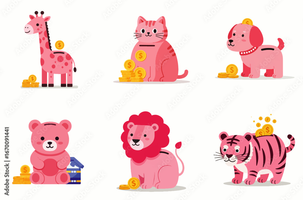 Naklejka premium Pink cartoon animal coin banks with gold coins, showcasing savings and investment.