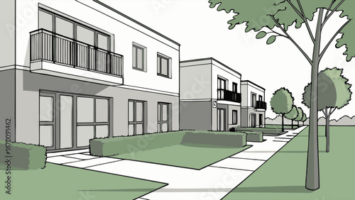 Modern Residential Buildings Architectural Illustration Suburban Homes Design Green Landscape Sidewalk Pathway.