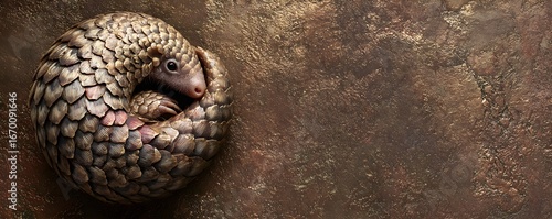Pangolin curled up, a defenseless Sunda pangolin rolled into a perfect, impenetrable armored ball for protection