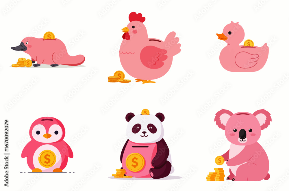 Naklejka premium Six pink animal-shaped piggy banks (platypus, chicken, duck, penguin, panda, koala) with gold coins around them.