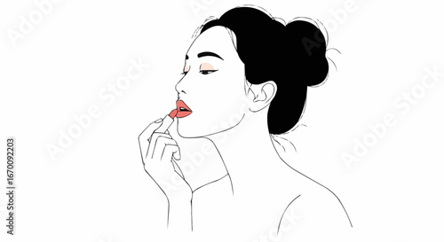 Woman applying lipstick while looking in profile on white background  