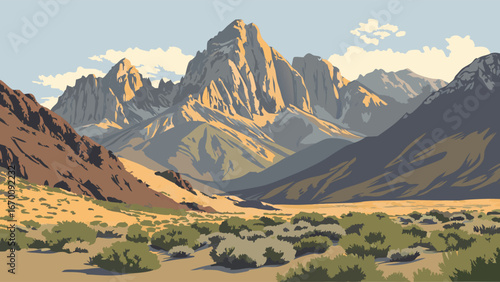 Mountain Landscape Desert Valley Peak View Nature Illustration Artistic Scenic Background High Altitude Scenery Western Mountain Range Arid Climate Artwork Dry Shrubland Illustration Sunset Mountain .