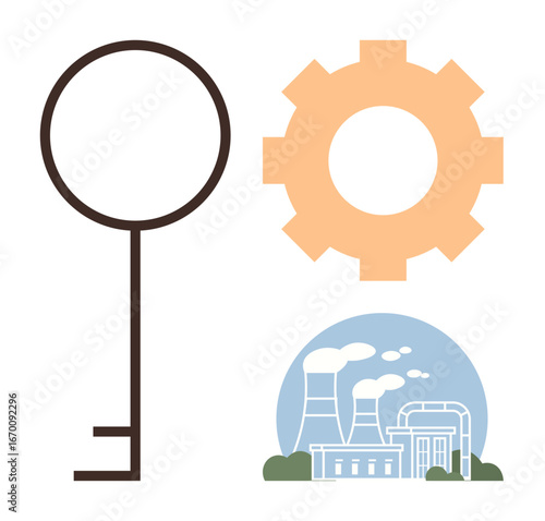 Key symbol for solutions, gear for technology, and factory for industry reflect innovation, progress, and productivity. Ideal for development, manufacturing, problem-solving, strategy innovation
