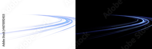 Line blue light vector abstract effect curve shining beam with blur streak, luminous png motion trail, laser ray speed, glowing stripes and bright dynamic effect.