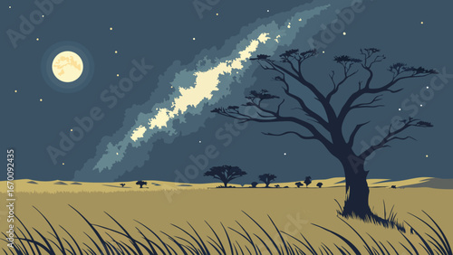 Nighttime savanna landscape with large tree under starry sky and moon.