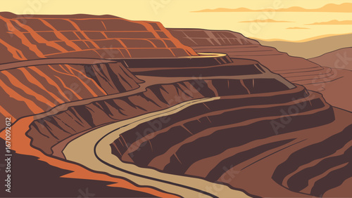 Open-pit Mine Aerial View Industrial Landscape Mining Industry Earth Tones Geological Formation Quarry Excavation Terraced Landscape Mining Operation Brown Earth Tones Striped Landscape Industrial Ba.