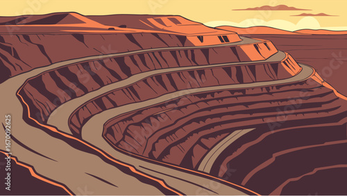 Open-pit Mine Aerial View Industrial Landscape Sunset Mining Illustration.