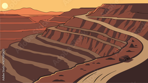 Open-pit Mine Industrial Landscape Sunset Mining Operation Excavated Terrain Earthworks Heavy Machinery Transportation Quarry Extraction Resource Geology Brown Tones Vector Illustration Graphic Desig.