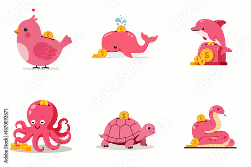 Cute pink animals saving money, cartoon illustration set, various species.