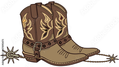 Pair of brown cowboy boots with spurs illustration western footwear wild west rodeo country music texas vintage style vector art.