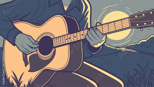 Playing Acoustic Guitar at Sunset Illustration.