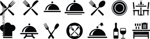 Flat vector black food and dining icons set with utensils, serving dishes, chef hat, restaurant elements for culinary, hospitality design