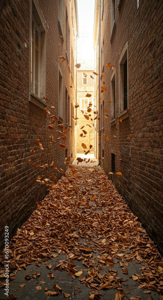 Fototapeta premium Autumn leaves fall in a narrow alleyway between aged brick buildings