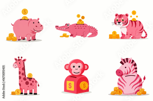 Pink animals saving money;  cute cartoon wildlife accumulating coins in piggy banks.