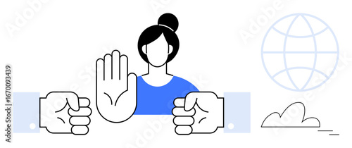 Woman raises hand to mediate conflict symbolized by two fists. Globe and cloud suggest unity, peace, and communication. Ideal for conflict resolution, equality, teamwork, empowerment, peace