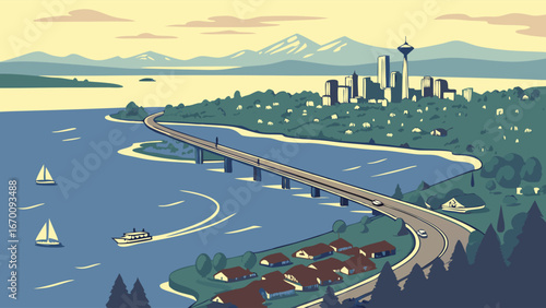 Retro Cityscape Illustration Coastal City View with Bridge Boats and Mountains.