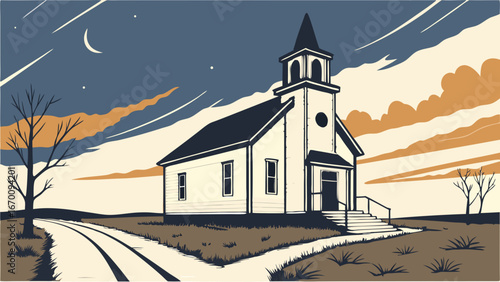 Rural Church at Dusk Countryside Landscape Illustration Vector Graphic Design.