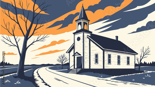 Rural Church Building at Sunset Countryside Road Pastoral Scene Vintage Style Illustration.