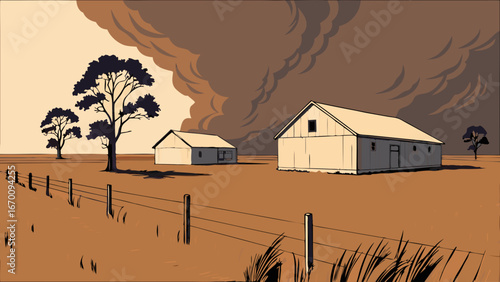 Rural landscape with storm clouds approaching farm buildings and trees.