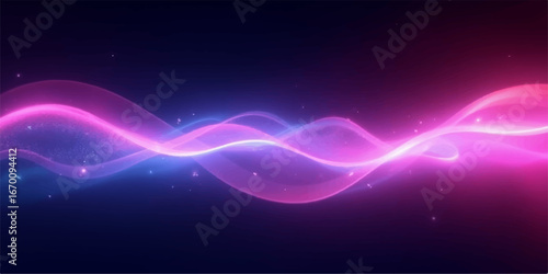 Blue and purple flowing light waves create a glowing abstract backdrop with smooth lines and bright motion