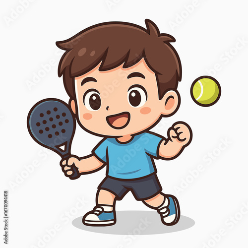 Chibi Cartoon Boy Playing Padel with Racket and Ball – Cute Sport Character Vector Illustration for Kids and Fun Activity Concept