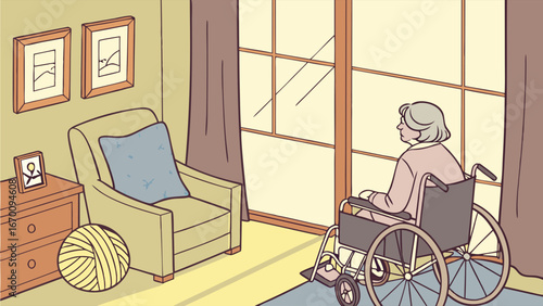 Senior woman in wheelchair looking out window cozy home interior elderly care retirement peaceful scene vector illustration.