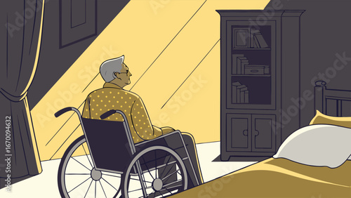 Senior in Wheelchair Contemplating Interior Room Scene Vector Illustration.